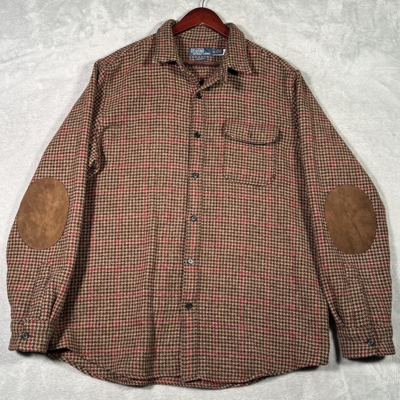 Ralph Lauren Shirt Mens 2XL Brown Wool Check Suede Elbow Overshirt Houndstooth